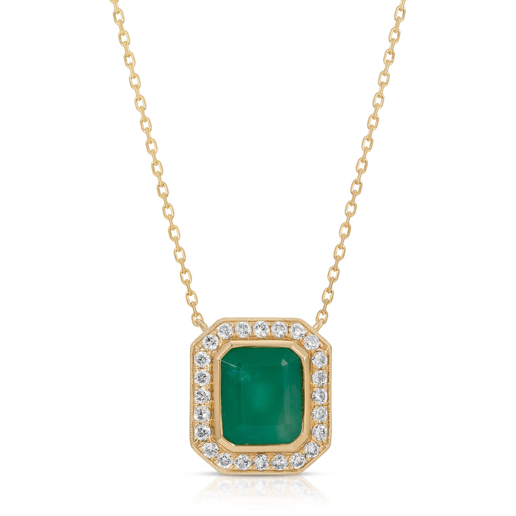 Green Majesty Collection with 3.48 CT Natural Emerald Gemstone Cushion Shape Center 24 Side Diamonds 0.4 CTS set on 14K Yellow Gold 4.45 Gr