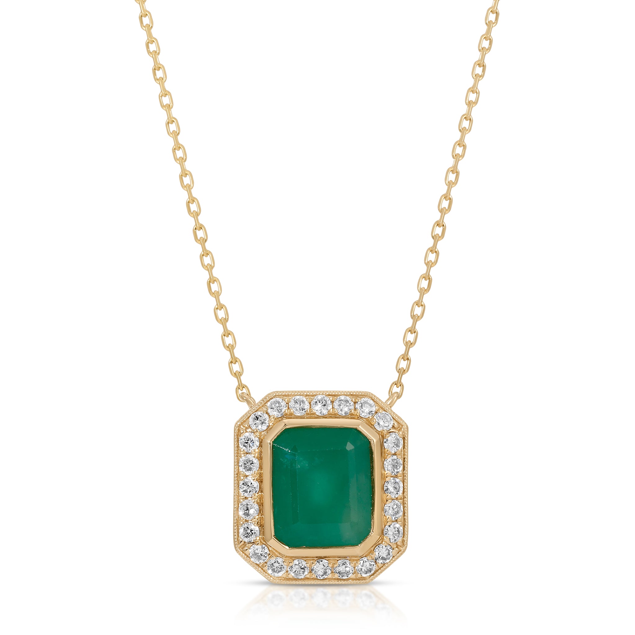 Green Majesty Collection with 9.76 CT  Natural Emerald Gemstone Cushion Shape Center 38 Side Diamonds 0.38 CTS set on 14K Yellow Gold 6.05 Gr