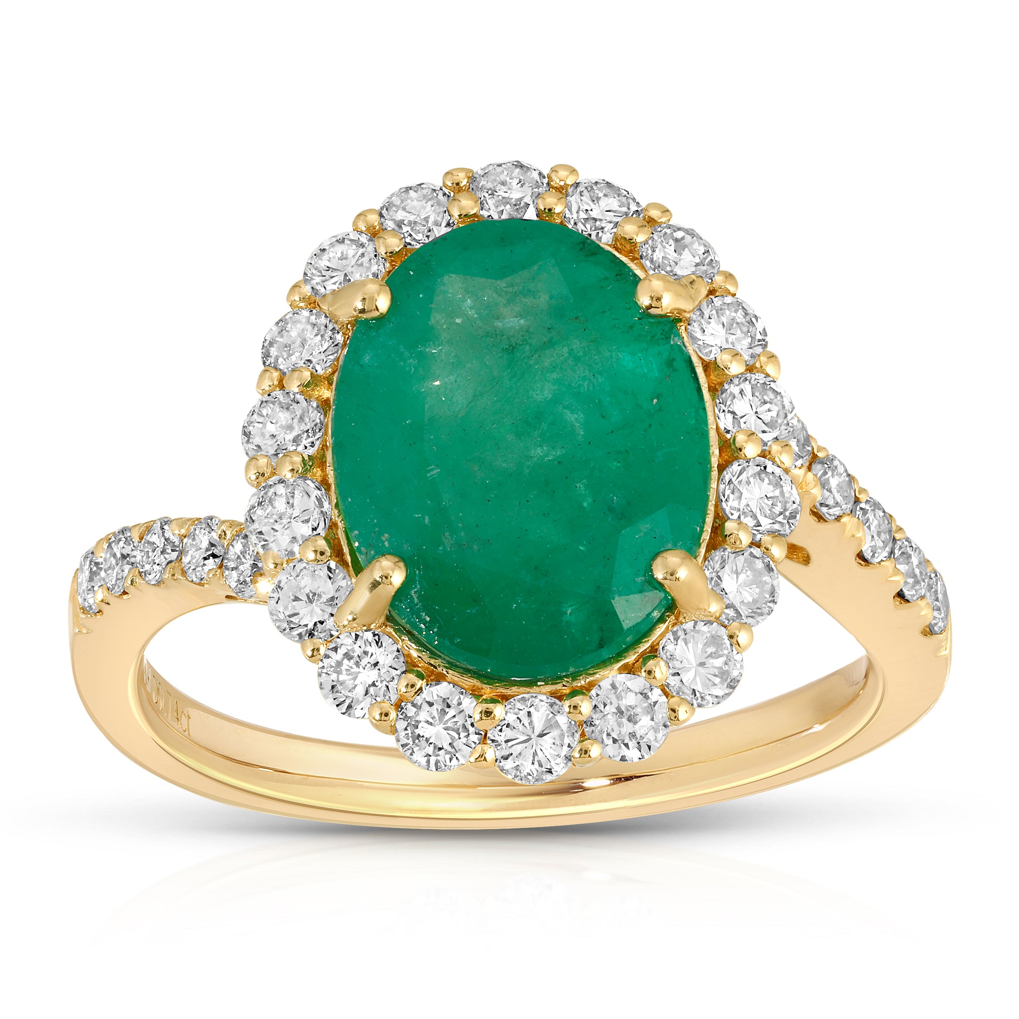 Green Majesty Collection with 3.1 CT Natural Emerald Gemstone Oval Shape Center 28 Side Diamonds 0.74 CTS set on 14K Yellow Gold 3.74 Gr