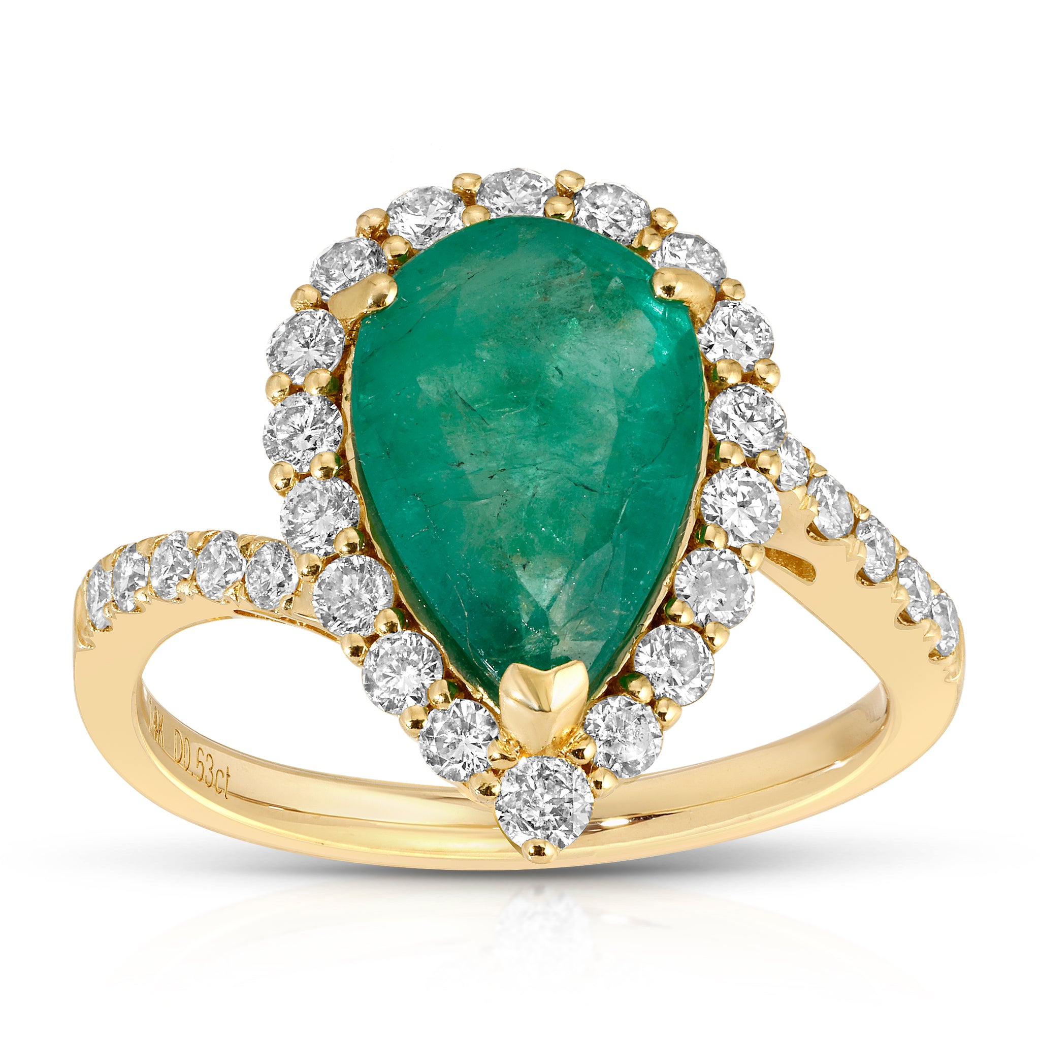 Green Majesty Collection with 2.43 CT Natural Emerald Gemstone Pear Shape Center 28 Side Diamonds 0.63 CTS set on 14K Yellow Gold 3.38 gr