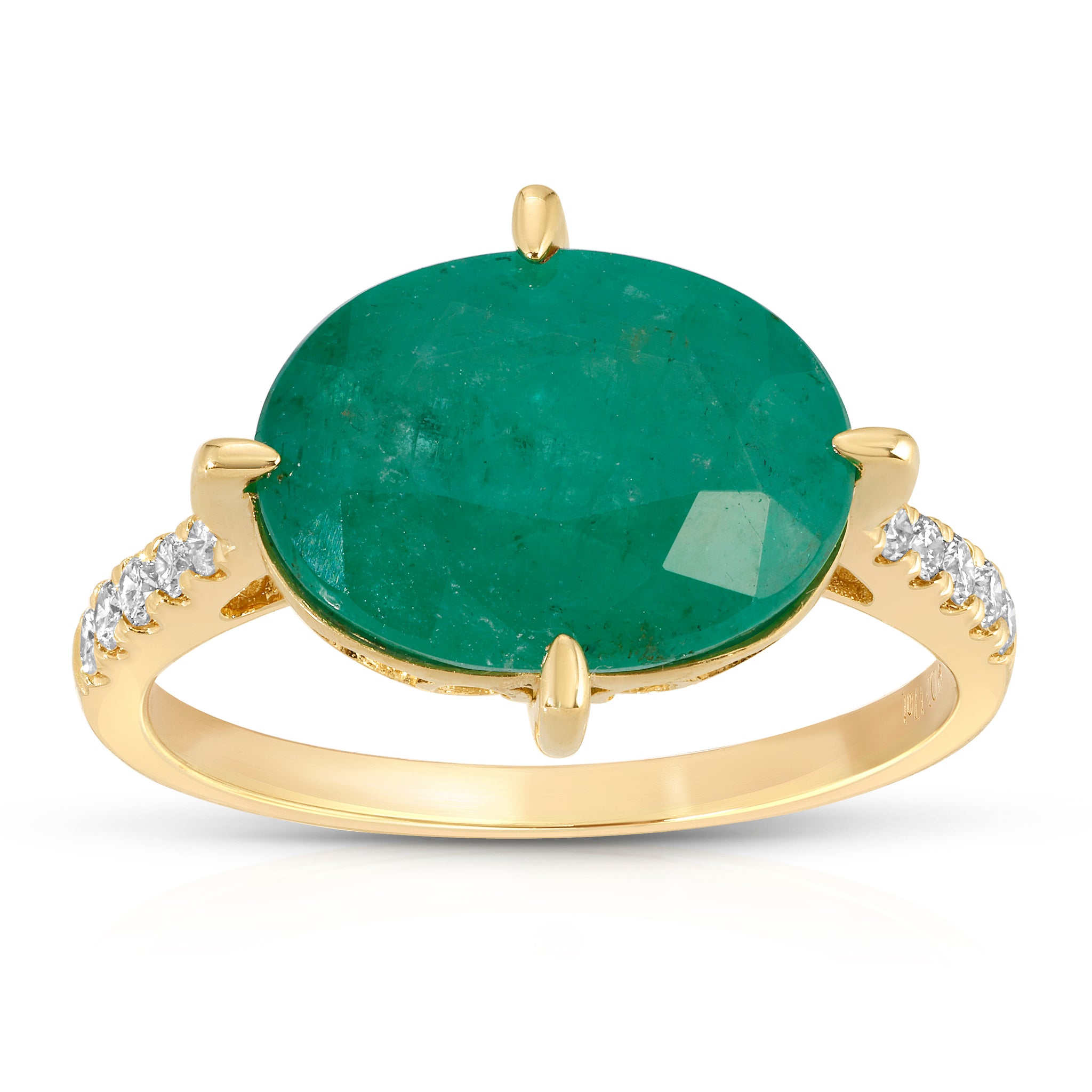 Green Majesty Collection with 4.29 CT Natural Emerald Gemstone Oval Shape Center 10 Side Diamonds 0.17 CTS set on 14K Yellow Gold 3.25 gr