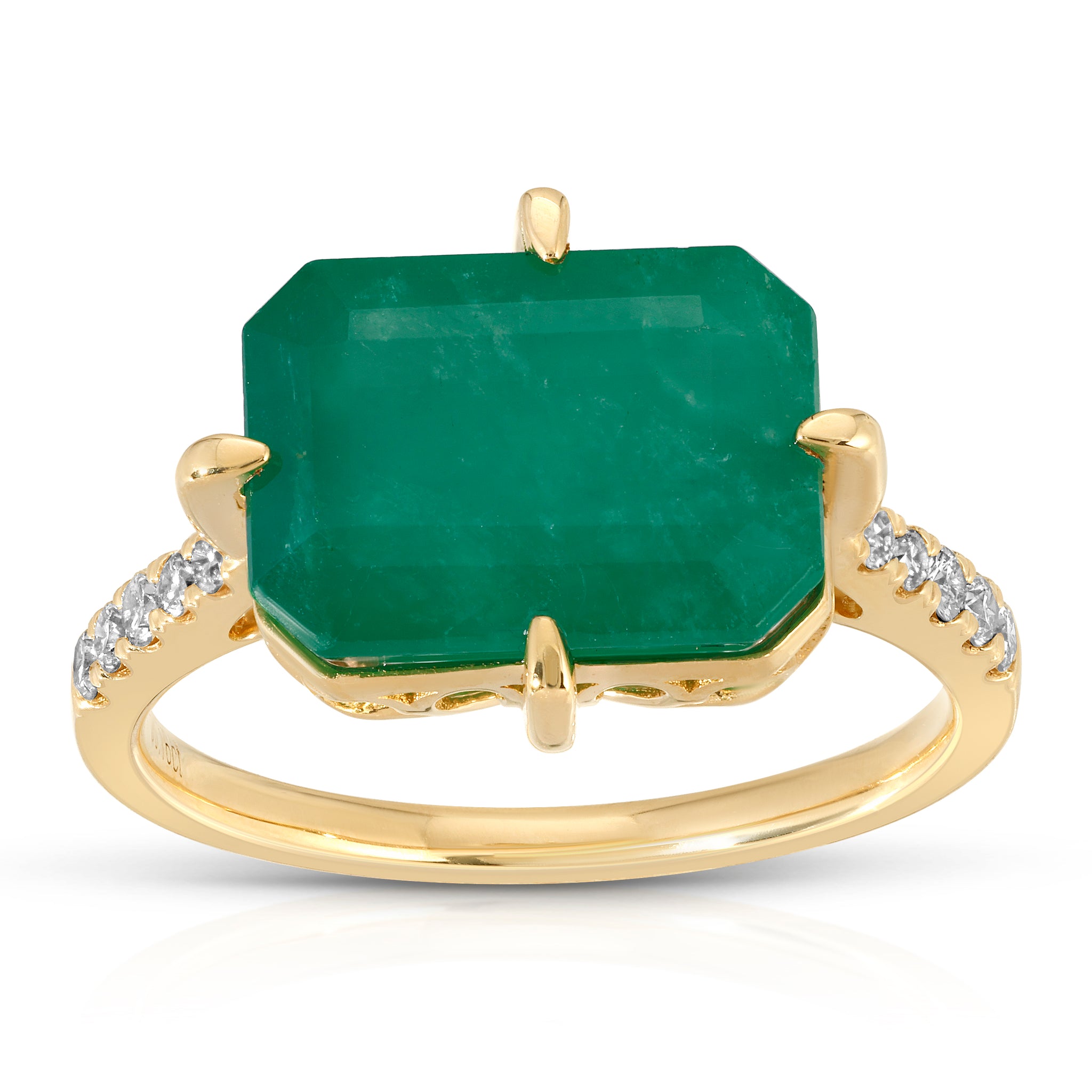 Green Majesty Collection with 4.72 CT Natural Emerald Gemstone Cushion Shape Center 10 Side Diamonds 0.16 CTS set on 14K Yellow Gold 3.65 gr