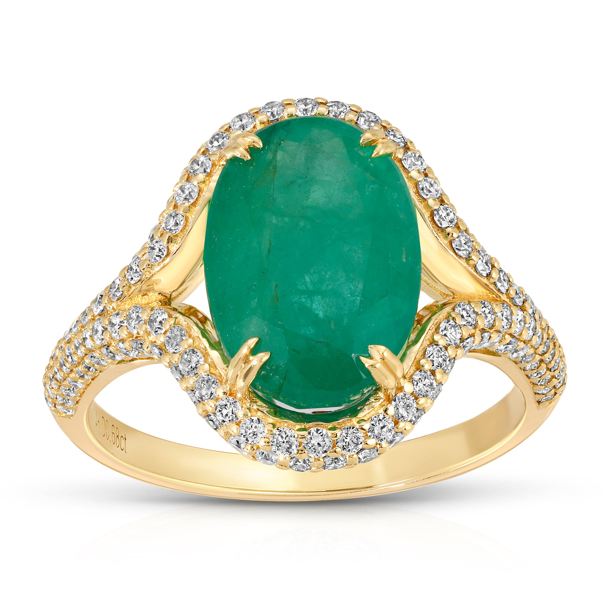 Green Majesty Collection with 3.82 CT Natural Emerald Gemstone Oval Shape  Center 142 Side Diamonds 0.68 CTS set on 14K Yellow Gold 4.14 gr