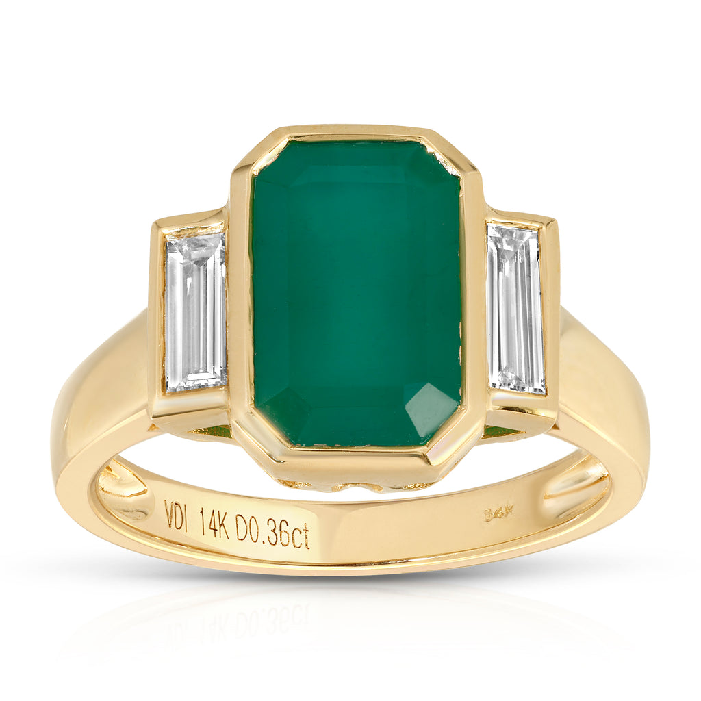 Green Majesty Collection with 5.49 CT Natural Emerald Gemstone Cushion Shape Center 2 Side Diamonds 0.41 CTS set on 14K Yellow Gold 4.7 Gr