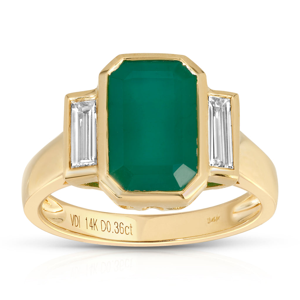 Green Majesty Collection with 3.7 CT Natural Emerald Gemstone Cushion Shape Center 2 Side Diamonds 0.36 CTS set on 14K Yellow Gold 4.55 Gr