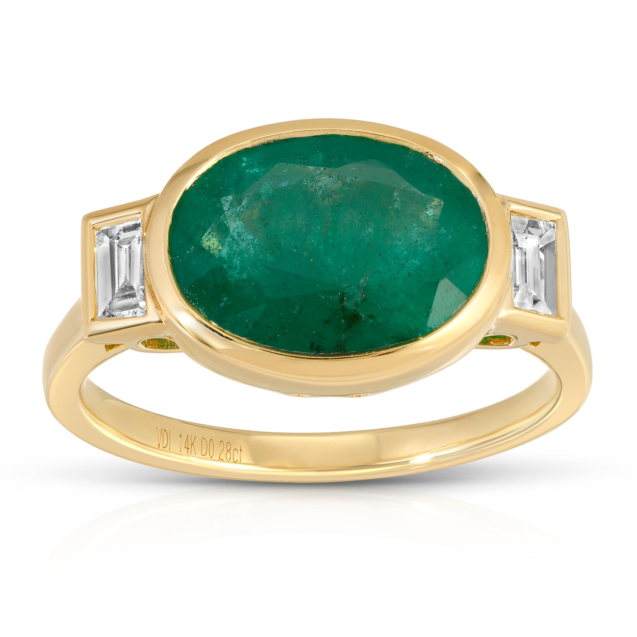 Green Majesty Collection with 3.54 CT Natural Emerald Gemstone Oval Shape Center 2 Side Diamonds 0.28 CTS set on 14K Yellow Gold 3.74 Gr