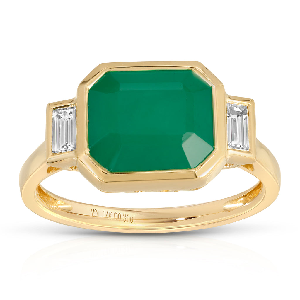 Green Majesty Collection with 3.65 CT Natural Emerald Gemstone Cushion Shape Center 2 Side Diamonds 0.31 CTS set on 14K Yellow Gold 3.78 Gr