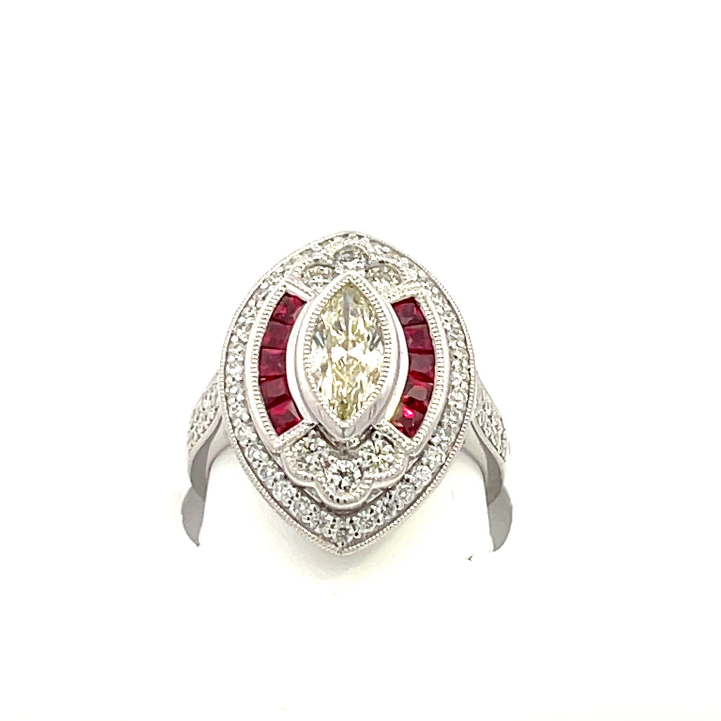Vintage Collection 0.71 MQ centre DIA, Ruby & Diamonds sides Platinum Ring