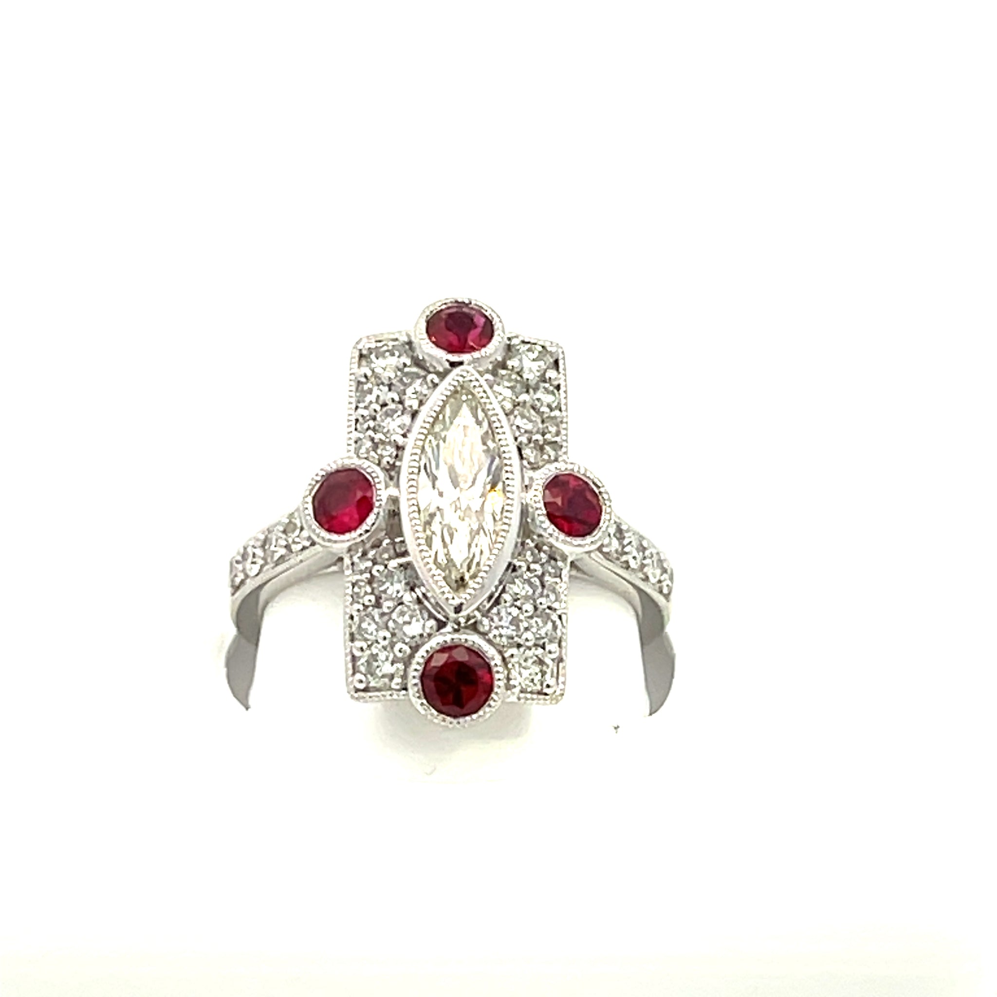 Vintage Collection 0.69 MQ center DIA, Ruby / Diamonds sides Platinum Ring