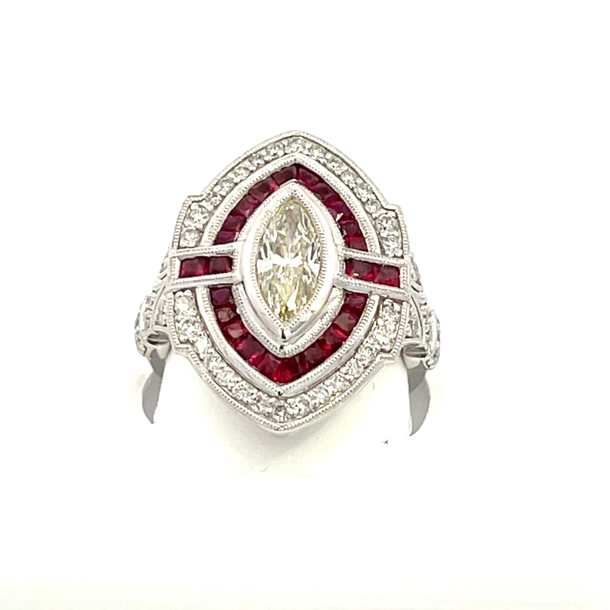 Vintage Collection 0.90 MQ center DIA & Ruby / Diamonds sides Platinum Ring CNTR MQ 0.90 CT Ruby 24 PCS 1.37 CT DIA 46 PCS 0.51 CT