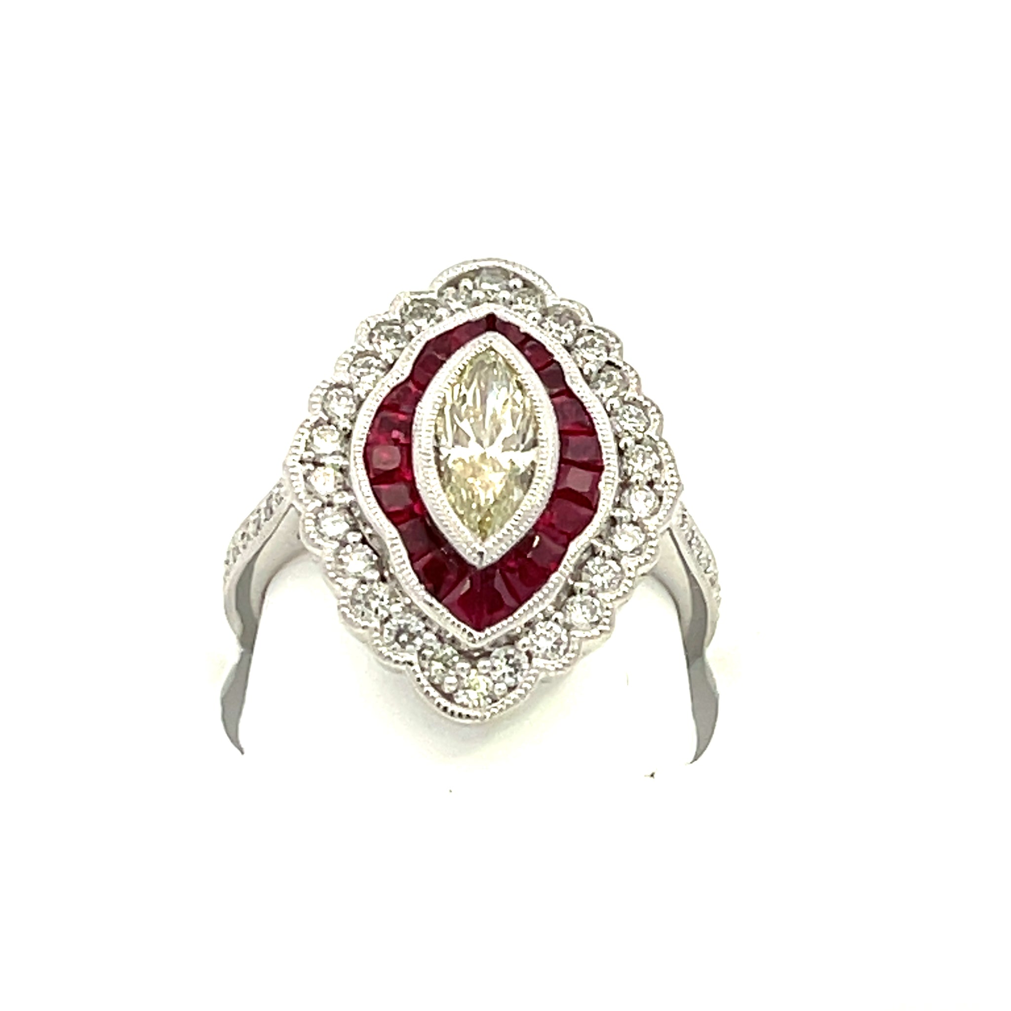 Vintage Collection 0.71 MQ center DIA & Ruby / Diamonds sides Platinum Ring CNTR MQ 0.71 CT RUBY 20 PCS 0.84 CT DIA 42 PCS 0.57 CT