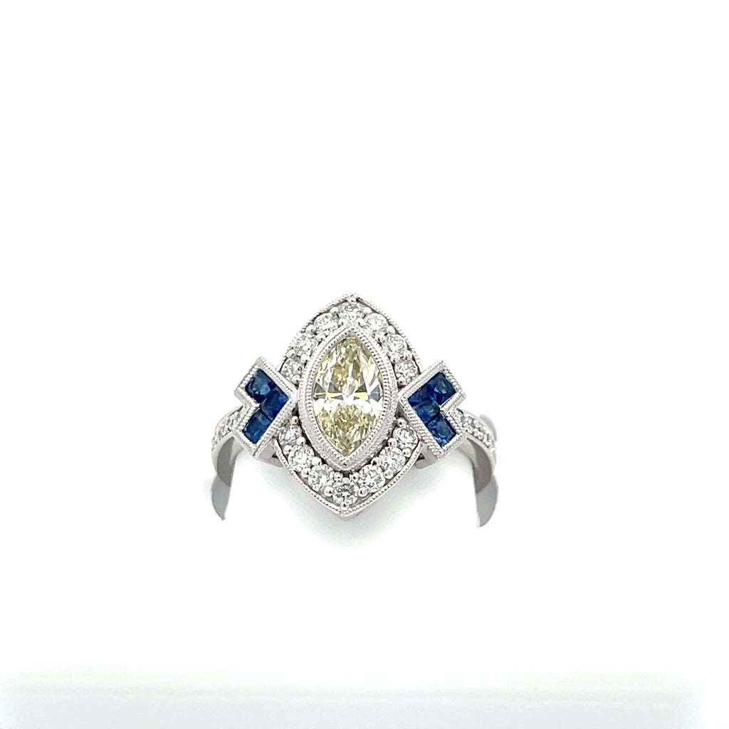 Vintage Collection 0.71 MQ center DIA & Sapphire / Diamonds sides Platinum Ring