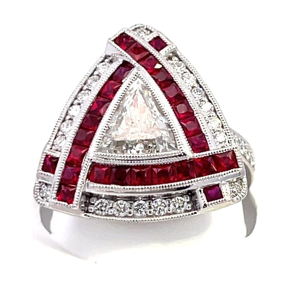 Vintage Collection 1.26CTW 0.90 TR Center DIA & 26 pcs RUBY / 30 pcs Diamonds sides 10.24 gm Platinum Ring