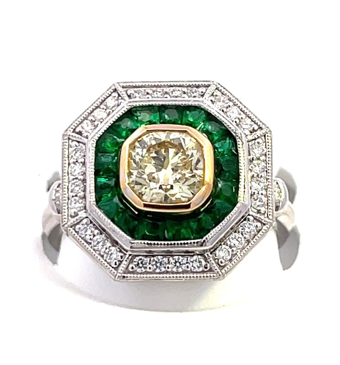 Vintage Collection 1.22 CTW 1.00 CU Center DIA & 17 pcs Emerald / 30 pcs Diamonds sides 8.95 gm Platinum Ring