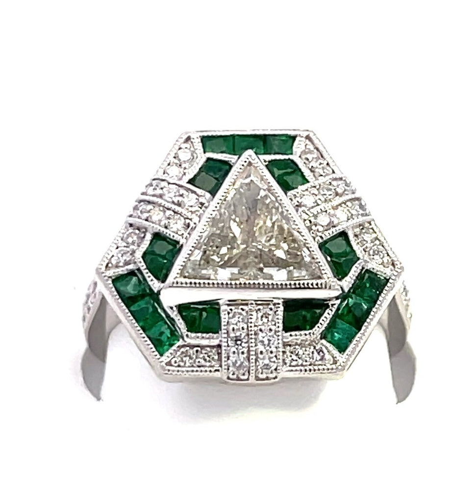 Vintage Collection 1.76CTW 1.42 TR Center DIA & 21 pcs Emerald / 38 pcs Diamond sides 9.69 gm Platinum Ring