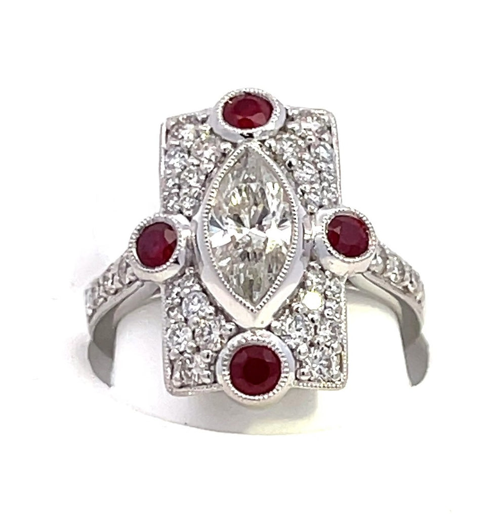 Vintage Collection 1.70CTW 1.01 MQ Center DIA & 4 pcs RUBY / 36 pcs Diamonds sides 8.83 gm Platinum Ring