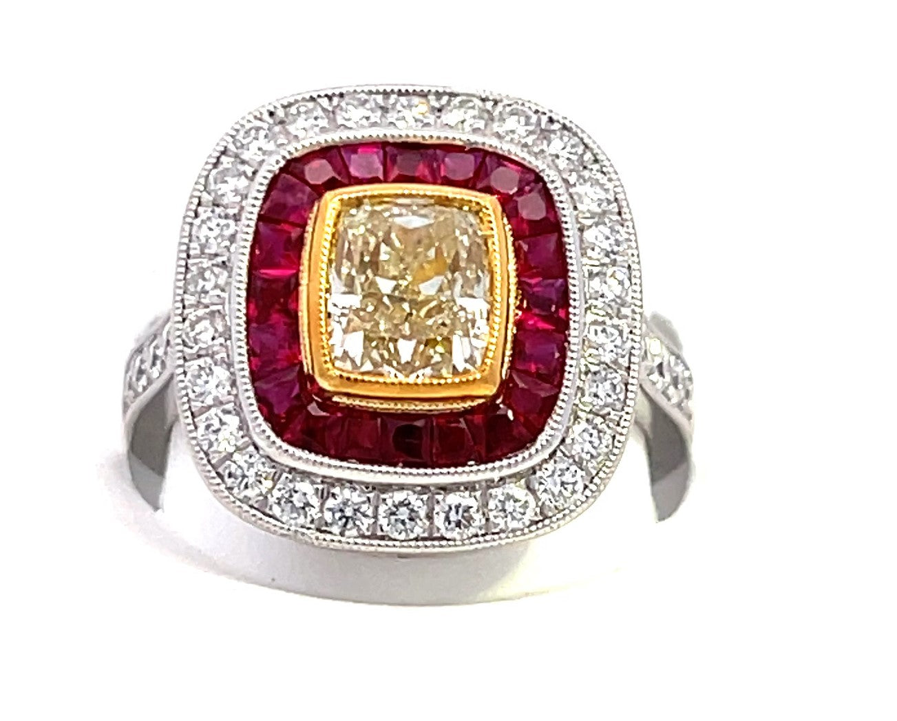 Vintage Collection 1.83CTW 1.17CU Center DIA & 20 pcs RUBY / 36 pcs Diamonds sides 9.18 gm Platinum Ring