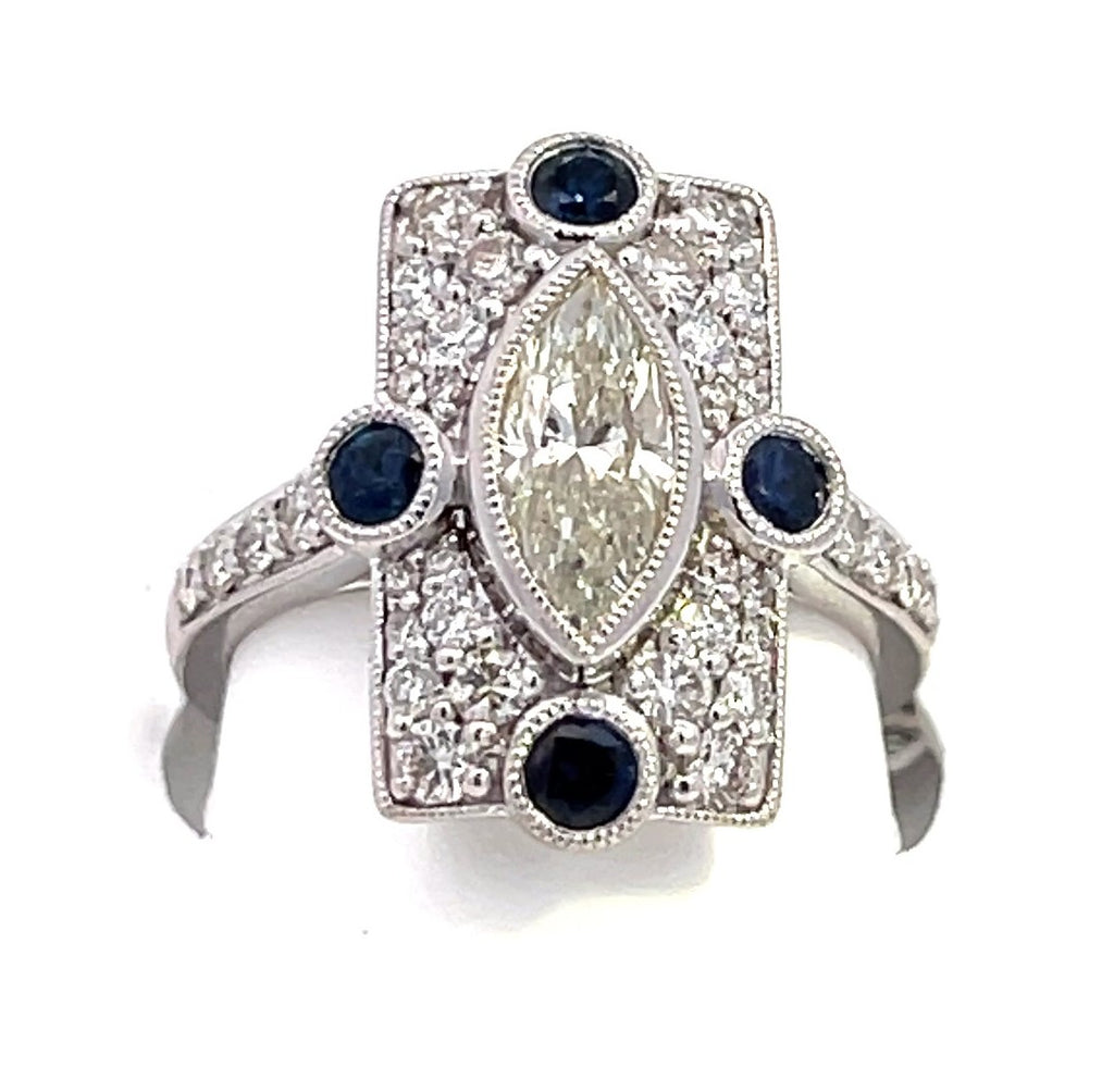 Vintage Collection 1.68CTW 1.00 MQ Center DIA & 4 Pcs Sapphire / 36 Pcs Diamonds sides 8.07 gm Platinum Ring