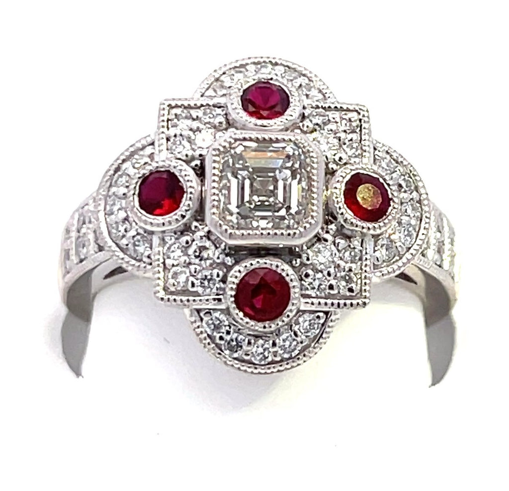 Vintage Collection 1.28CTW 0.90 EM G/SI1 GIA 1405029917 Center DIA & 4 pcs RUBY / 48  pcs Diamonds sides 9.38  gm Platinum Ring