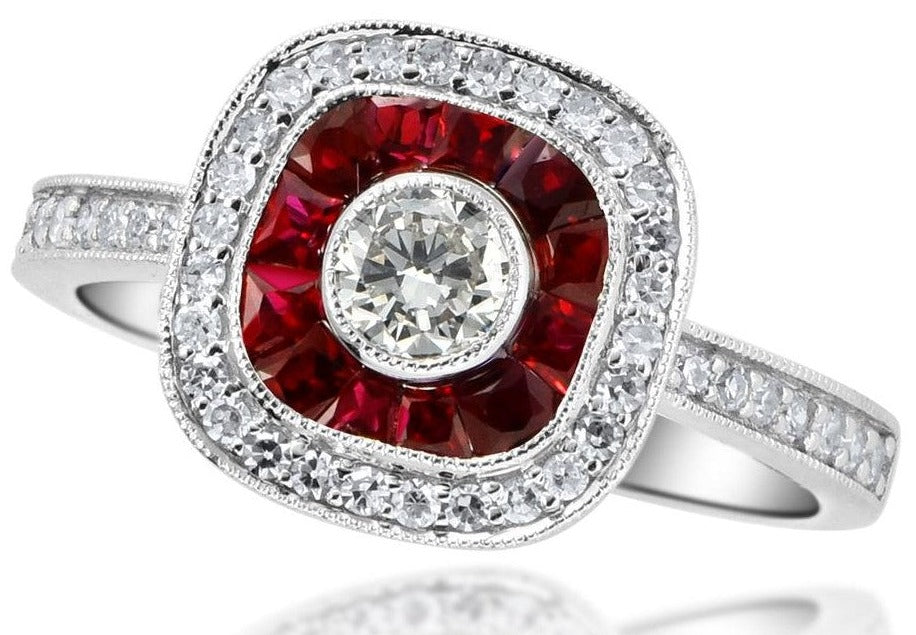 Vintage Collection 0.54 CTW With 0.30RD Center & 12 Ruby Sides 0.73 CTS & 42 DIA Sides 0.24 CTS Set On 2.97GR 14KWG Ring