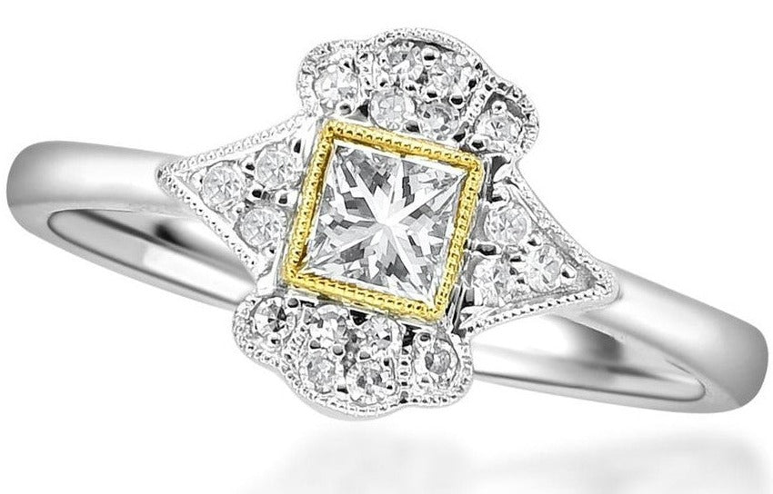 VINTAGE COLLECTION  0.41 CTW / 0.30 CTR  PRINCESS & 18 PCS 0.31CTS DIA RD SIDE STONES SET ON  2.34GR 14K TWO TONE GOLD RING