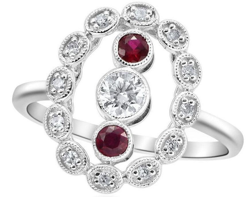 VINTAGE COLLECTION  0.31 CTW / 0.21 CTR RD  & 12 PCS 0.10CTS DIA RD SIDE STONES & 2 PCS RUBY 0.19CTS SET ON 2.69GR 14KWG RING