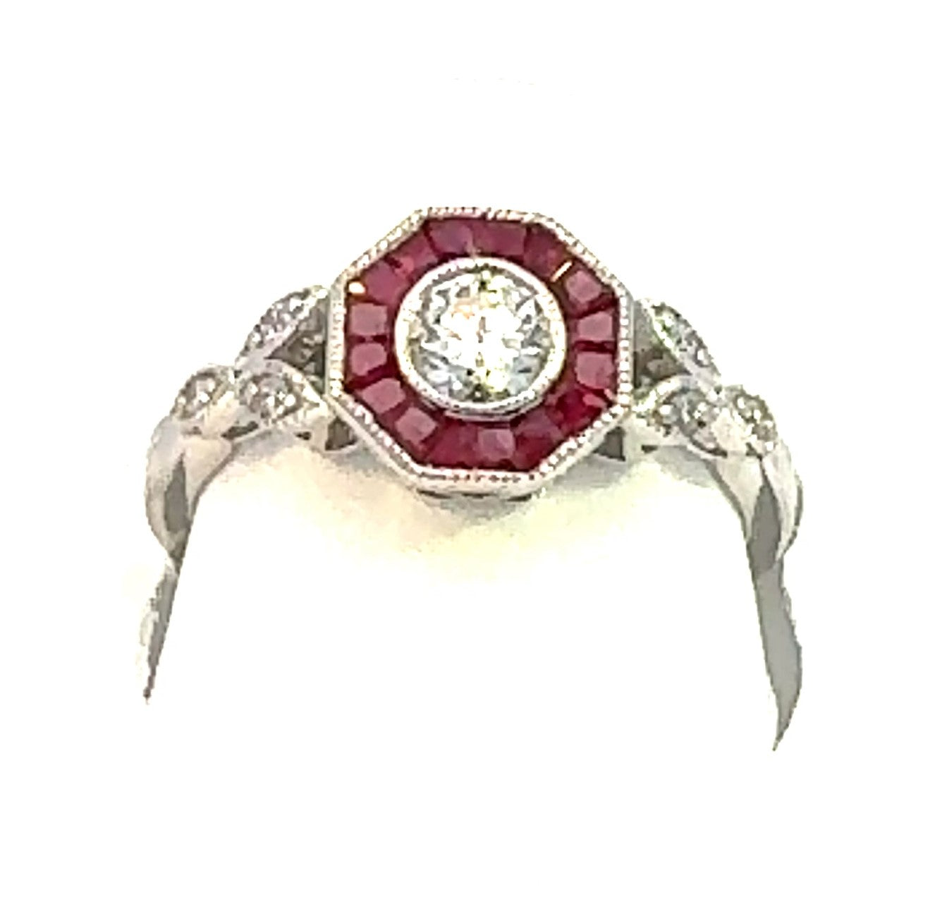 Vintage Collection 0.37 CTW / 0.50 CTR RD & 6 PCS 0.07CTS RD DIA Sides 16 PCS Ruby 0.67CTS Set On 2.56GR 14KWG Ring