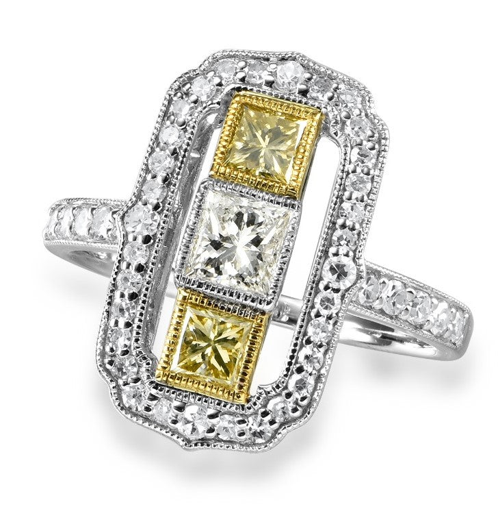 VINTAGE COLLECTION  1.34 CTW / 3 CTR  PRINCESS 0.90 CTS & 42  PCS 0.44CTS DIA RD  SIDE STONES SET ON  2.79GR 14K TWO TONE  GOLD RING