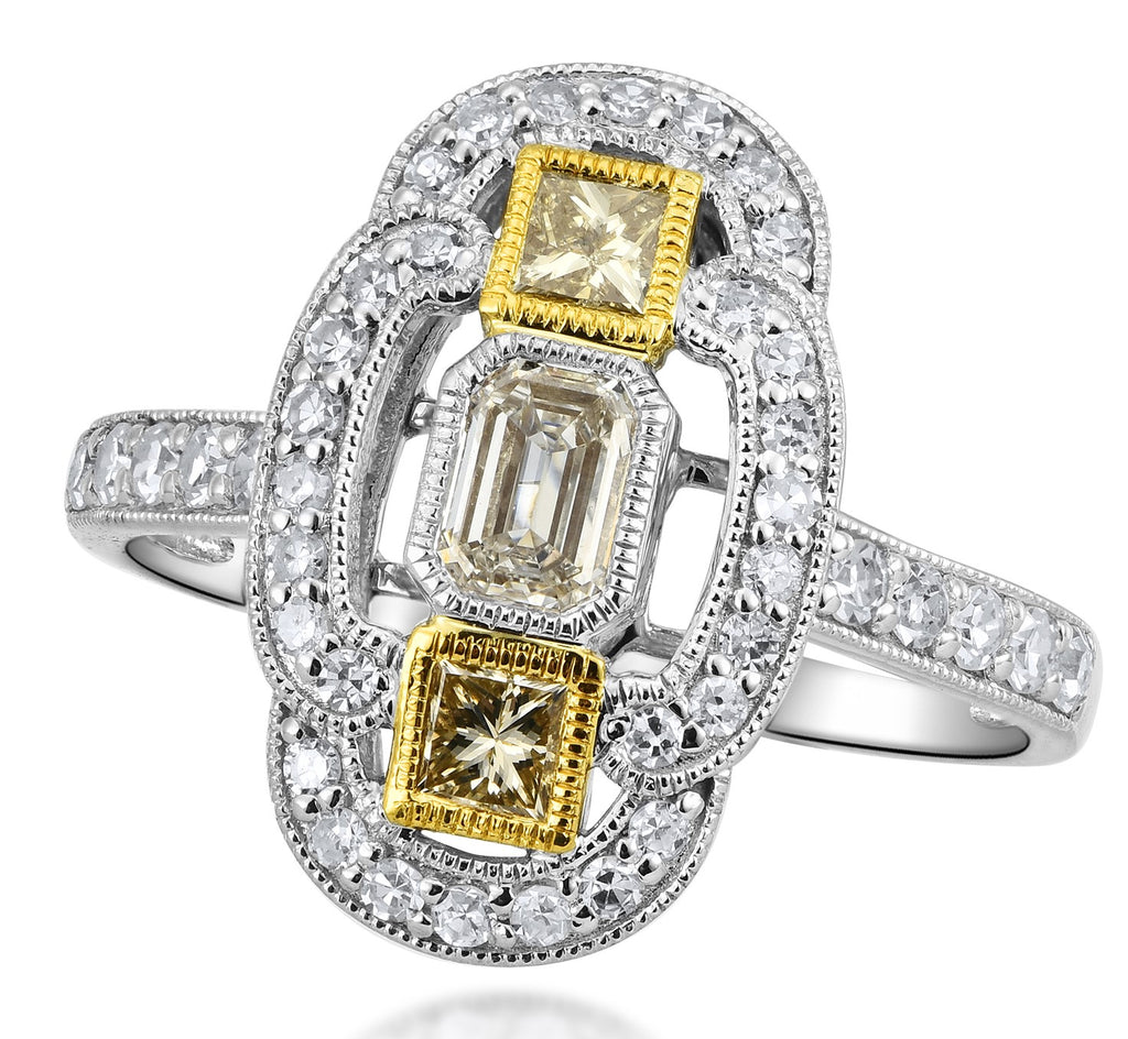 VINTAGE COLLECTION  1.05 CTW / 1 EM CTR 0.42CTS , 2 PRINCESS 0.24 CTS & 40 PCS 0.39CTS DIA RD SIDE STONES SET ON 2.99GR 14K TWO TONE GOLD RING
