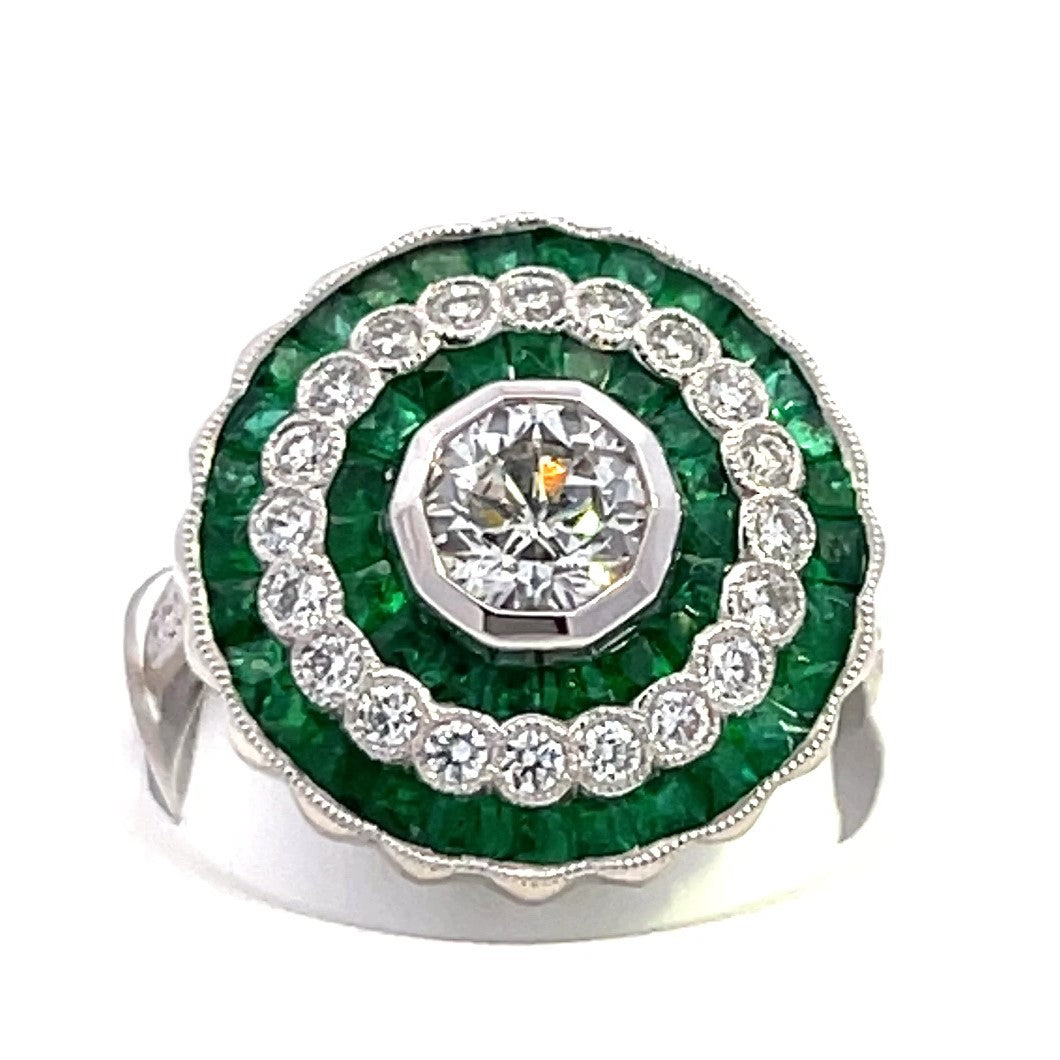 Vintage Collection 1.46 CTW 0.98 RD Center DIA & 48 Pcs Emerald / 30 Pcs Diamonds sides 10.13 gm Platinum Ring