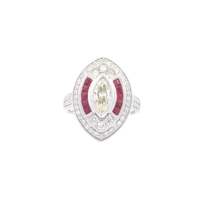 Vintage collection Rings 1.40ct Natural Diamonds with 0.71  Marquise Diamond SI center & 62 RD 0.69  Sides, 10 Rubies 0.60cts set on 9.97gr Platinum