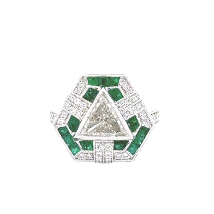 Vintage Rings  1.76ctw with 1.42 Trillion Center Natural Diamond & 38 pcs 0.34  Sides, 21 Green Emeralds set on 9.69gr Platinum