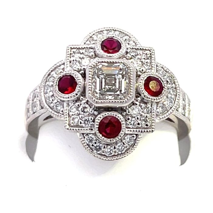 Platinum Diamond  Rings  G/SI1 Emerald 0.90CT CENTER GIA 1405029917  G-H SI 48D 0.38CTS- 49D  -1.28CTW 4 Rubies 0.42 cts - 9.38GR