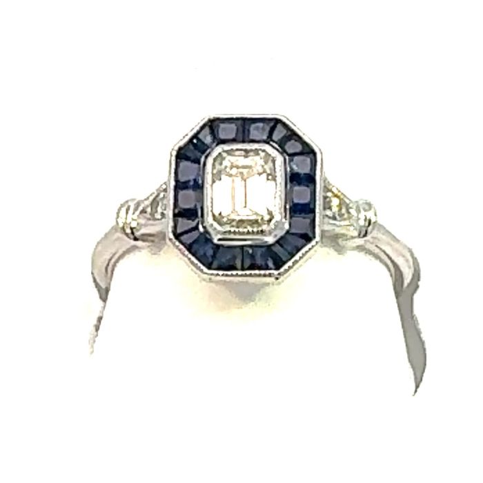 Vintage Rings 0.32CTW with 0.33 Emerald Natural Diamond center , 2 RD Dia 0.02 & 14 pcs Natural Ruby 0.52 Sides set on 2.45gr 14k WG