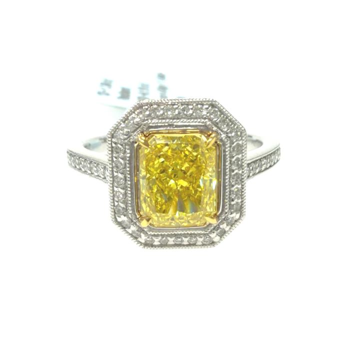 Platinum Lab Grown Diamond Ring Yellow Radiant 1.30CT RD 49D- 0.19CTW 50D  -1.49CTW 4.99GR