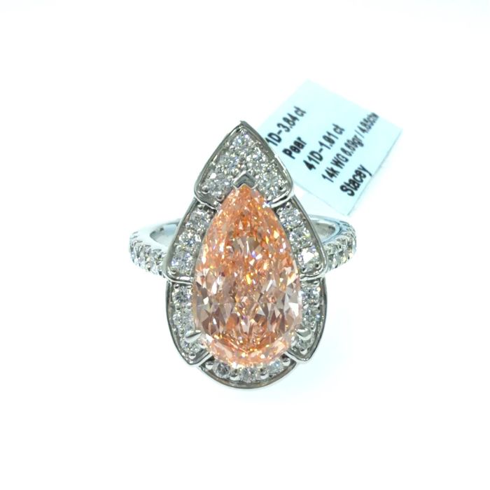 STACEY Rings  4.85   with 3.84  Pear Lab Grown Diamond 1.01  Sides set on 6.69gr 14k WG