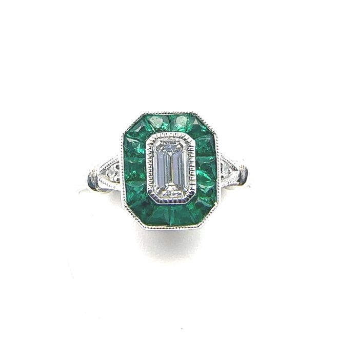Vintage Rings 0.32CTW with 0.30 Emerald Natural Diamond center , 2 RD Dia 0.02 & 14 pcs Natural Emerald 0.42 Sides set on 2.40gr 14k WG