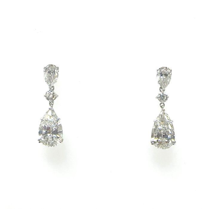 14KWG LAB GROWN DIAMOND DANGLING PEAR EARRINGS 4PE-2.21CTW 2RD-0.10CTW 14KW-0.96GR