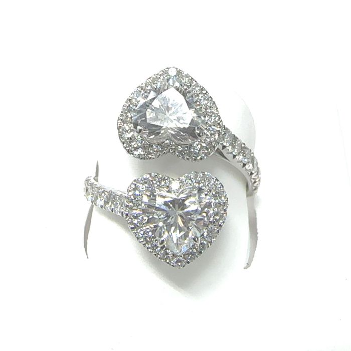 14KW LAB GROWN DIAMOND DOUBLE HEART RING 2HT-1.96CT 44RD-0.50CT 14KW-2.24GR