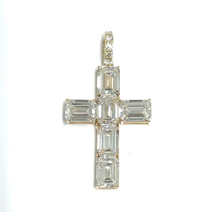 14KY LAB GROWN DIAMOND EMERALD CROSS PENDANT 6EM-4.93CT 5RD-0.08CTW 14KY-0.84GR