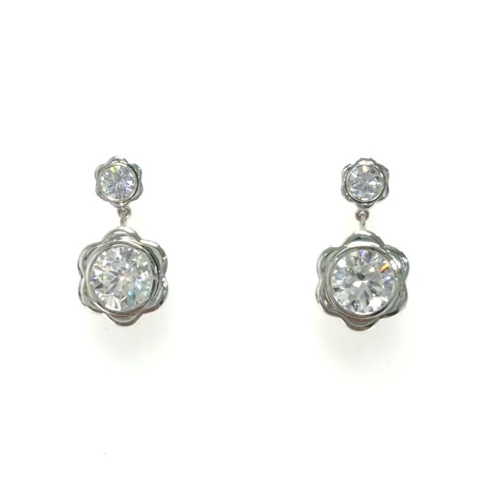 14k WG Lab Grown Diamond Flower Bezel Dangling Earrings 2RD- 2.03CTW 2RD-0.32CTW 14KW-2.62GR