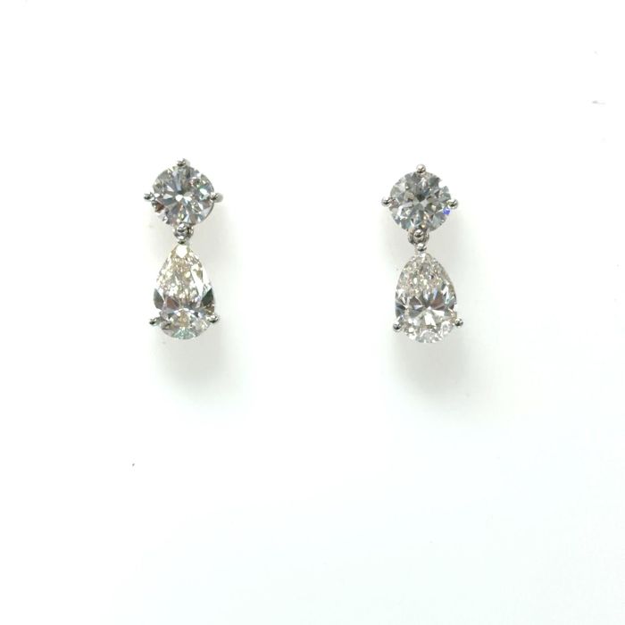 14k WG Lab Grown Diamond  Earrings  2Pear 3.25CT 2RD- 2.17CTW 14KW-1.97GR