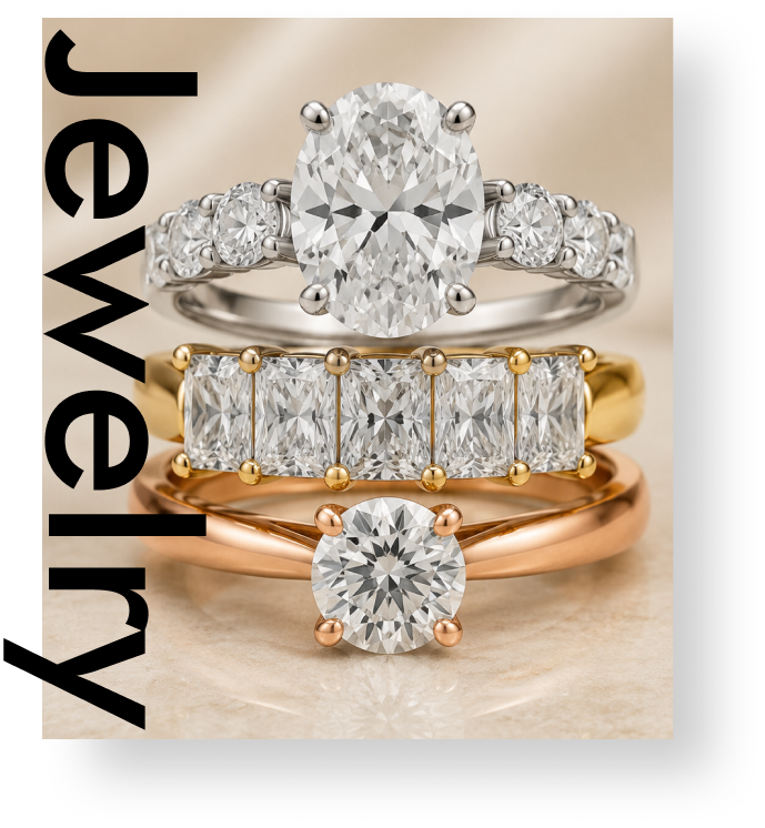 Stacked jewelry rings with large diamonds