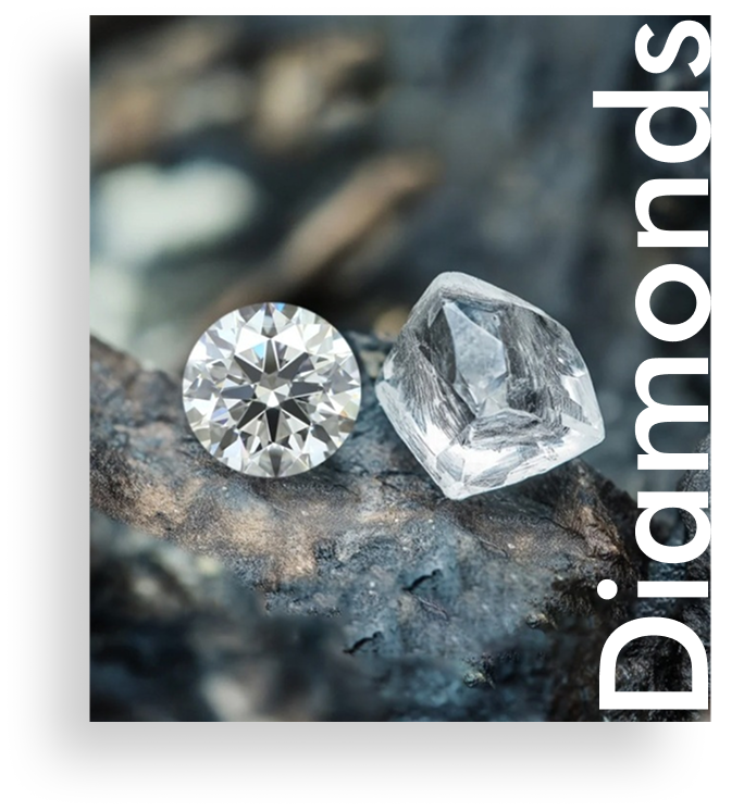 Natural and cut diamonds on a textured rock surface