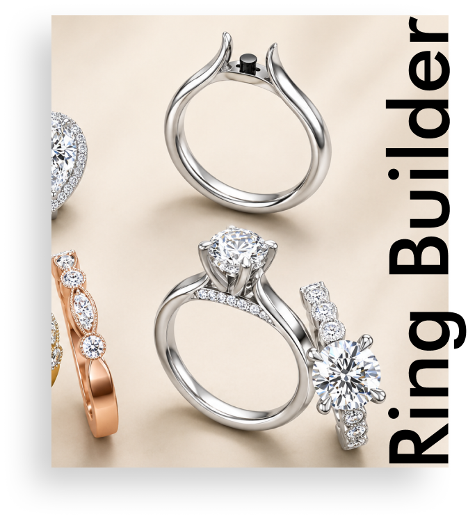 A group of custom wedding bands and engagement rings